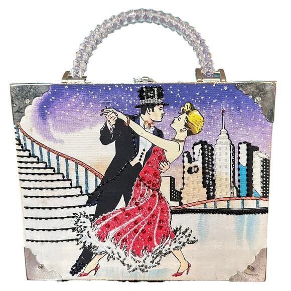 Vintage Handmade Cigar Box Purse Beaded Handle Dancing Couple Braciano Box Bag - Picture 1 of 11